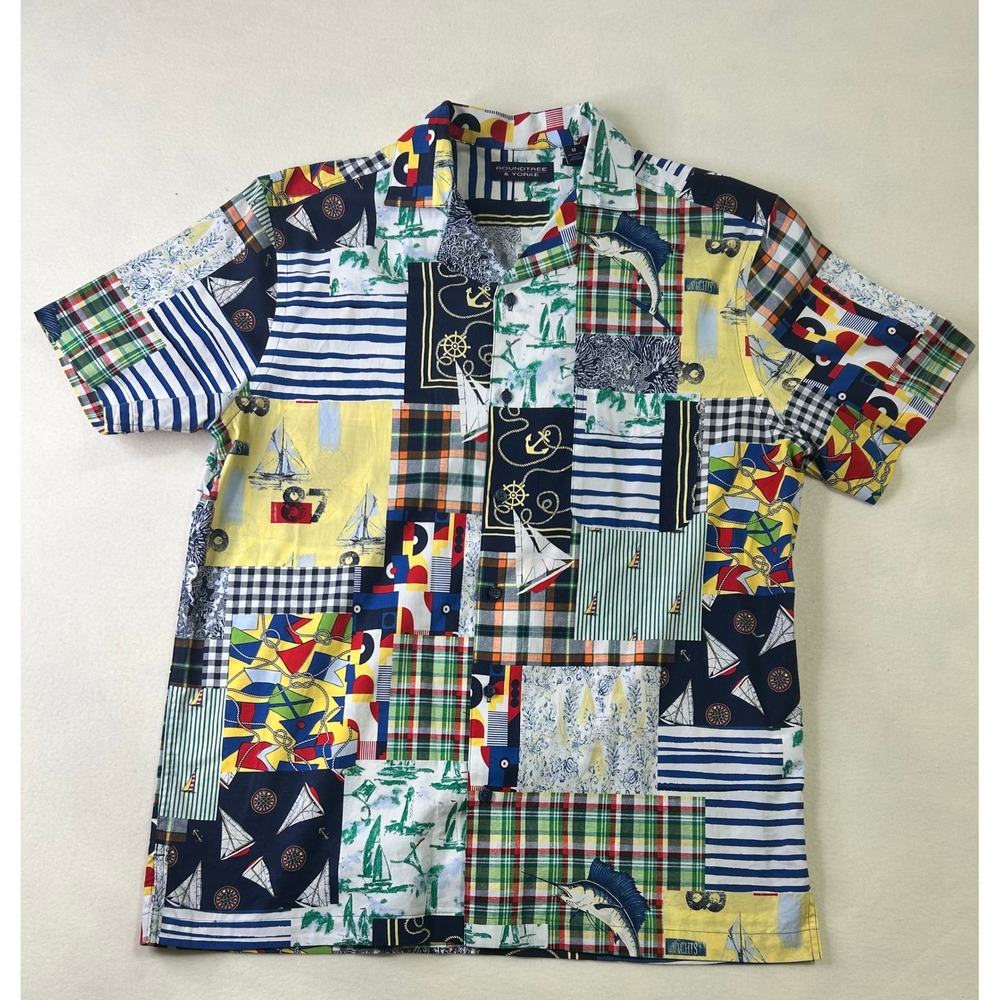Roundtree & Yorke Mens Nautical Patchworkโ Sailboat Marlin Cotton Shirt Medium